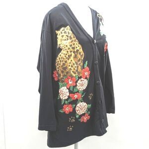 Special Preview Vtg Tiger Embroidered Look Patch Black Floral Cardigan Size L/XL